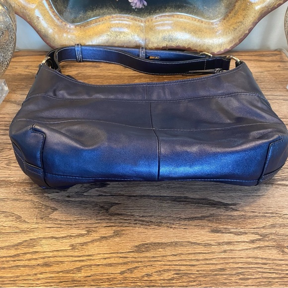 Coach Metallic Blue Pieced East West Duffle Hobo Bag Purse 2 Way Strap - Picture 4 of 9